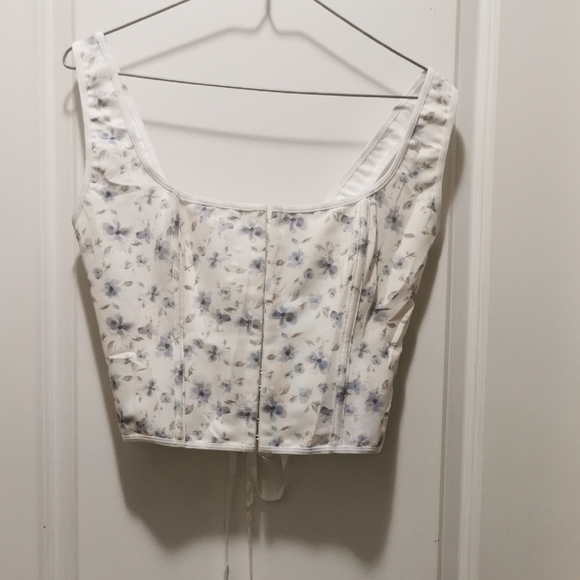 Floral Lace-Up Corset Top - White and blue - Picture 3 of 8